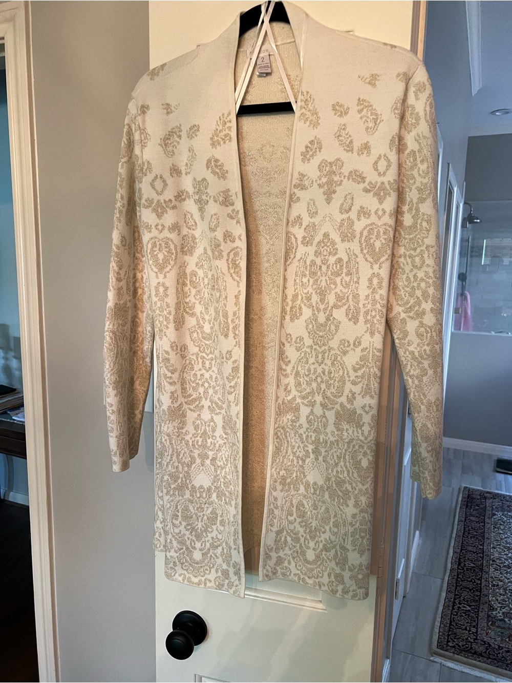 Chico's Cream Open-Front Damask Cardigan